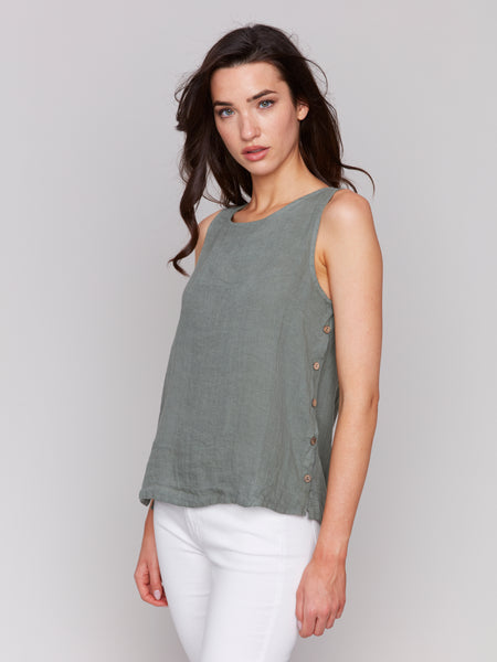 CHARLIE B C4425T SLEEVELESS LINEN TOP WITH SIDE BUTTONS- 4 COLOURS