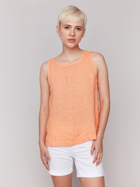 CHARLIE B C4425T SLEEVELESS LINEN TOP WITH SIDE BUTTONS- 4 COLOURS