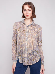 CHARLIE B C4491PR LONG SLEEVE BUTTON DOWN SHIRT WITH FRONT TIE