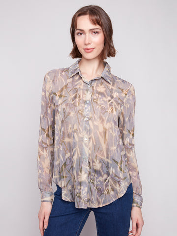 CHARLIE B C4491PR LONG SLEEVE BUTTON DOWN SHIRT WITH FRONT TIE