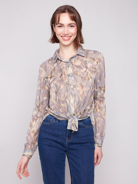 CHARLIE B C4491PR LONG SLEEVE BUTTON DOWN SHIRT WITH FRONT TIE