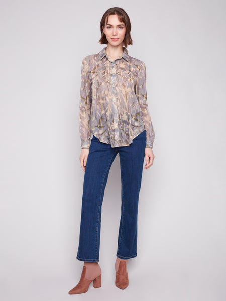 CHARLIE B C4491PR LONG SLEEVE BUTTON DOWN SHIRT WITH FRONT TIE