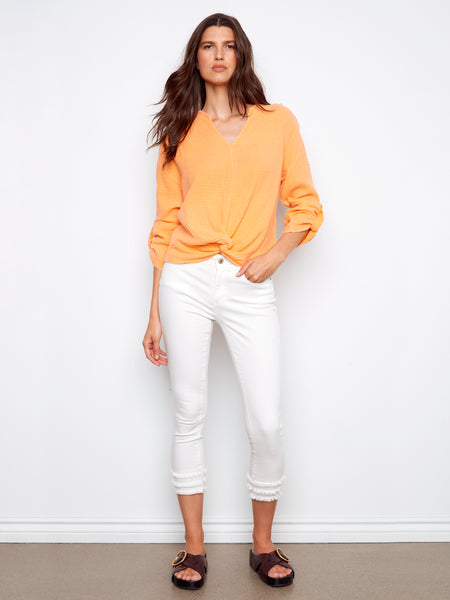 CHARLIE B C4495C LONG ROLL UP SLEEVE SPLIT NECK BLOUSE WITH FRONT KNOT- 2 COLOURS