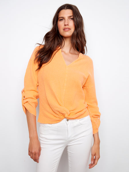 CHARLIE B C4495C LONG ROLL UP SLEEVE SPLIT NECK BLOUSE WITH FRONT KNOT- 2 COLOURS