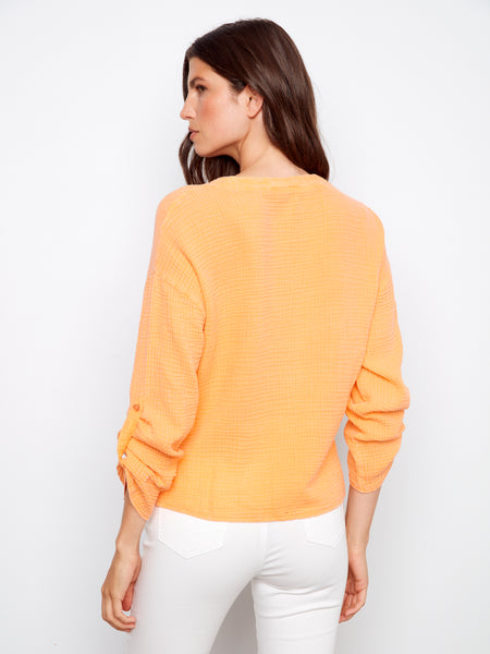 CHARLIE B C4495C LONG ROLL UP SLEEVE SPLIT NECK BLOUSE WITH FRONT KNOT- 2 COLOURS