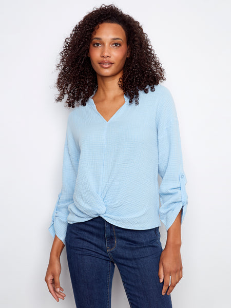 CHARLIE B C4495C LONG ROLL UP SLEEVE SPLIT NECK BLOUSE WITH FRONT KNOT- 2 COLOURS