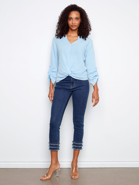 CHARLIE B C4495C LONG ROLL UP SLEEVE SPLIT NECK BLOUSE WITH FRONT KNOT- 2 COLOURS