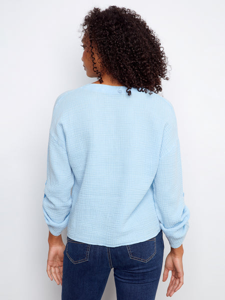 CHARLIE B C4495C LONG ROLL UP SLEEVE SPLIT NECK BLOUSE WITH FRONT KNOT- 2 COLOURS