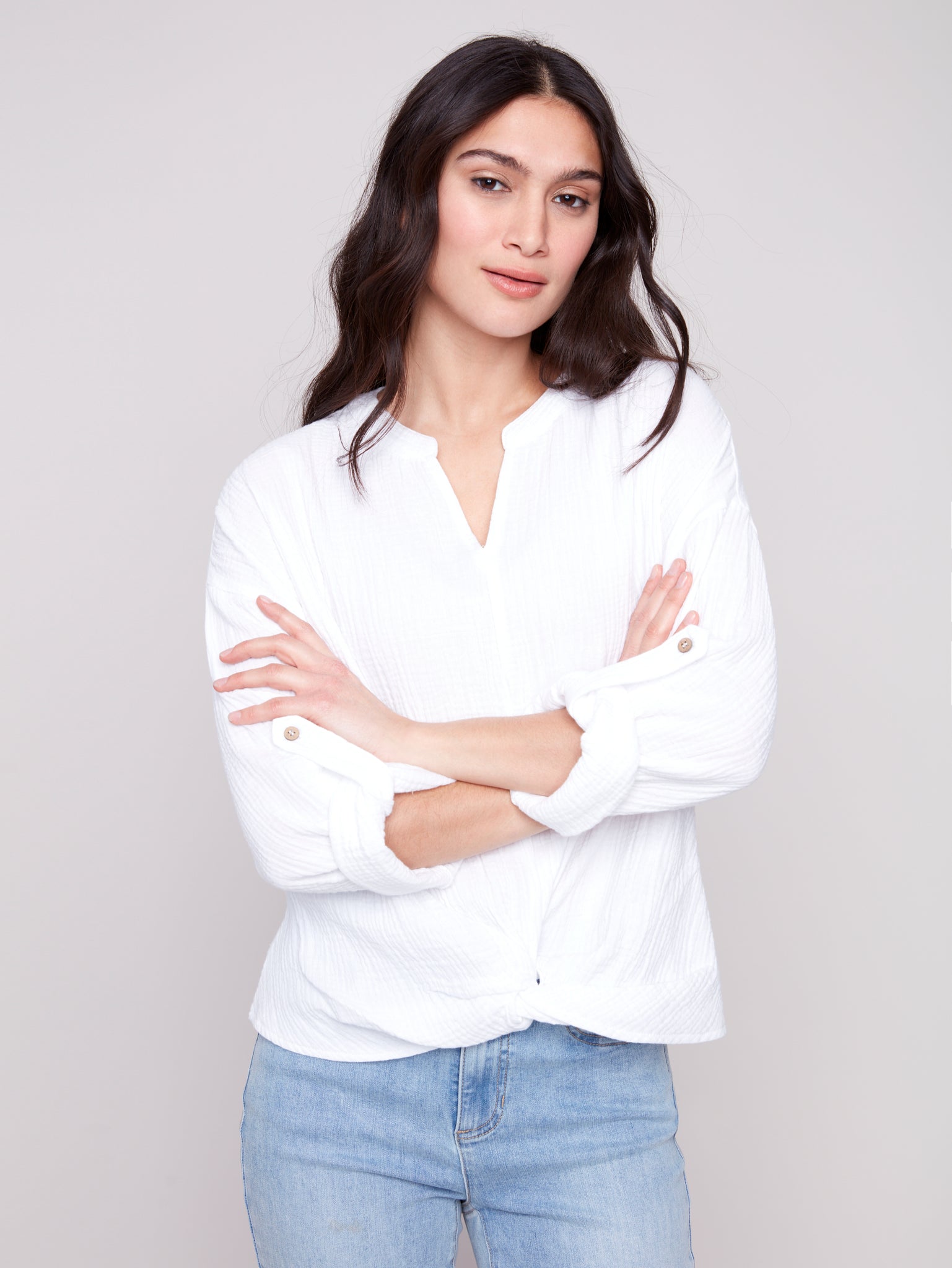 CHARLIE B C4495R BUBBLE COTTON BLOUSE WITH FRONT TWIST