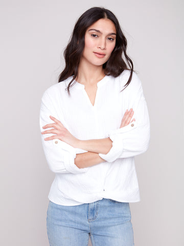 CHARLIE B C4495R BUBBLE COTTON BLOUSE WITH FRONT TWIST