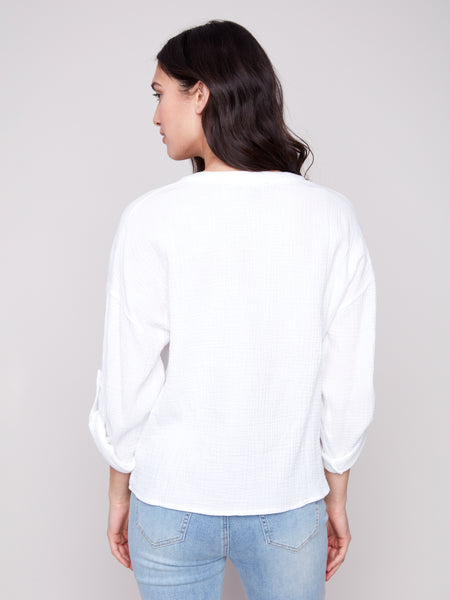 CHARLIE B C4495R BUBBLE COTTON BLOUSE WITH FRONT TWIST