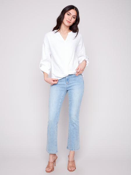 CHARLIE B C4495R BUBBLE COTTON BLOUSE WITH FRONT TWIST