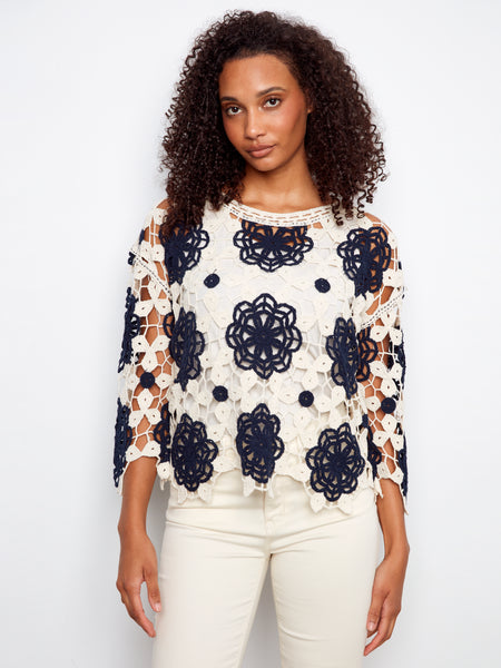 CHARLIE B C4499F 3/4 SLEEVE CROCHET FLOWER BLOUSE