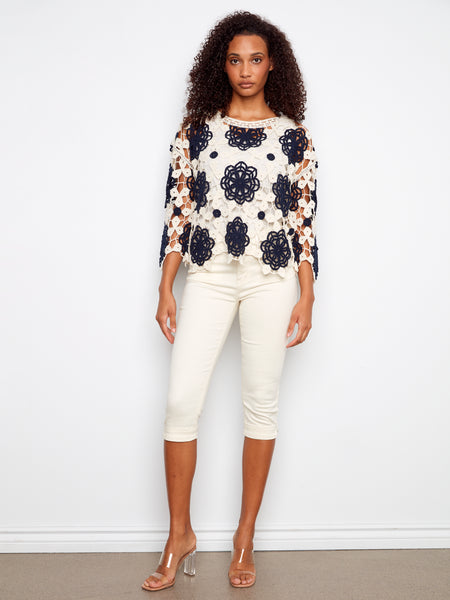 CHARLIE B C4499F 3/4 SLEEVE CROCHET FLOWER BLOUSE