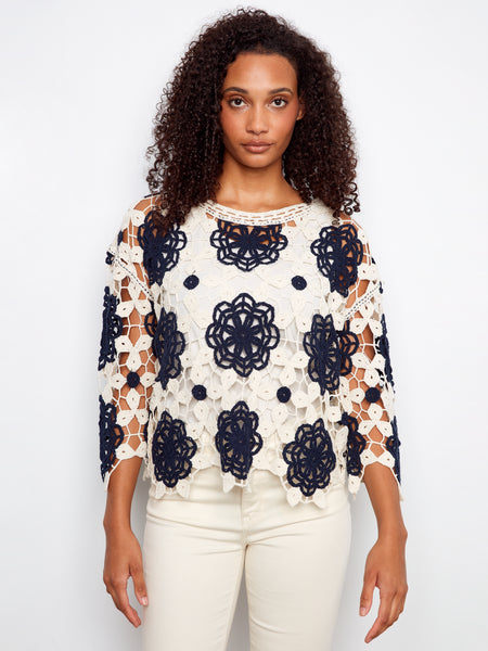 CHARLIE B C4499F 3/4 SLEEVE CROCHET FLOWER BLOUSE
