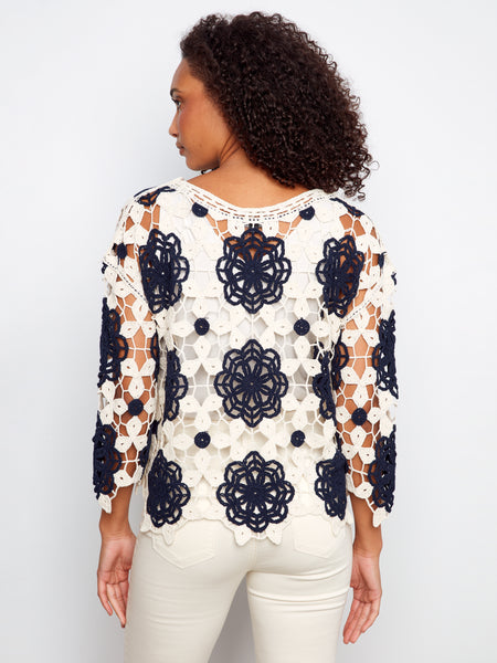 CHARLIE B C4499F 3/4 SLEEVE CROCHET FLOWER BLOUSE