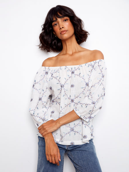 CHARLIE B C4527RR EMBROIDERED COTTON OFF SHOULDER BLOUSE