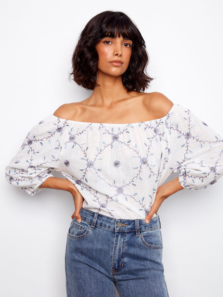 CHARLIE B C4527RR EMBROIDERED COTTON OFF SHOULDER BLOUSE