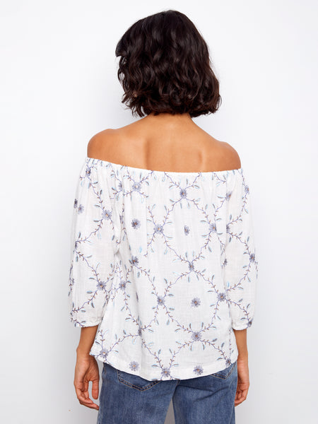 CHARLIE B C4527RR EMBROIDERED COTTON OFF SHOULDER BLOUSE