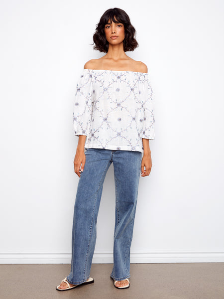 CHARLIE B C4527RR EMBROIDERED COTTON OFF SHOULDER BLOUSE