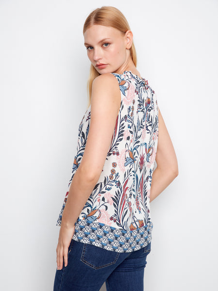 CHARLIE B C4529B BORDER PRINT RUFFLE NECK SLEEVELESS TOP