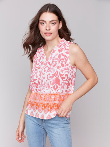 CHARLIE B C4529RP PRINTED SLEEVELESS RUFFLE NECK TOP- 4 COLOURS