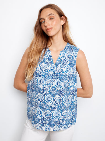 CHARLIE B C4529RR PRINTED SLEEVELESS BLOUSE WITH RUFFLE- 3 COLOURS