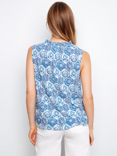 CHARLIE B C4529RR PRINTED SLEEVELESS BLOUSE WITH RUFFLE- 3 COLOURS