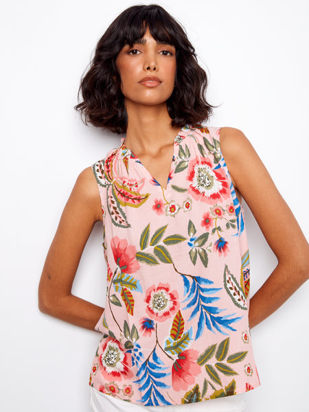 CHARLIE B C4529RR PRINTED SLEEVELESS BLOUSE WITH RUFFLE- 3 COLOURS