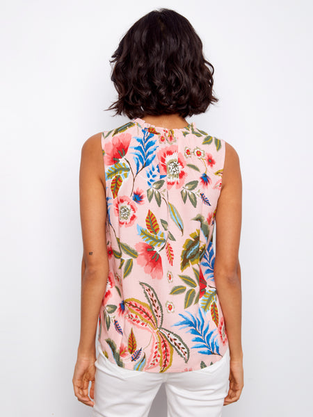 CHARLIE B C4529RR PRINTED SLEEVELESS BLOUSE WITH RUFFLE- 3 COLOURS