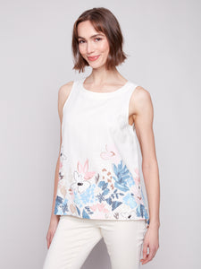 CHARLIE B C4532BY SLEEVELESS PRINTED LINEN BLEND TOP