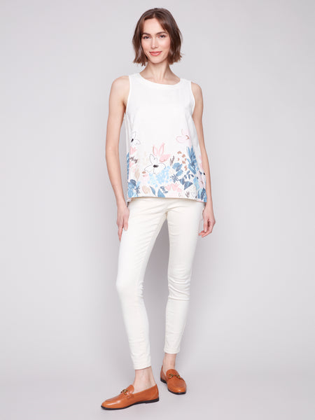 CHARLIE B C4532BY SLEEVELESS PRINTED LINEN BLEND TOP