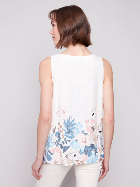 CHARLIE B C4532BY SLEEVELESS PRINTED LINEN BLEND TOP