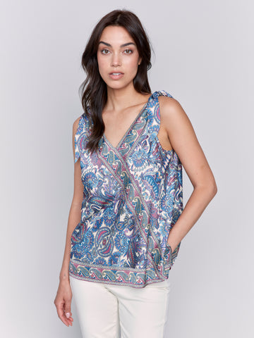 CHARLIE B C4538RP PRINTED TIE-SHOULDER SATIN TOP