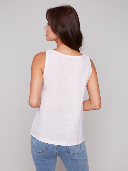 CHARLIE B C4543R SLEEVELESS LINEN TOP WITH SLIT