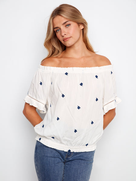 CHARLIE B C4554E EMBROIDERED FABRIC SHORT SLEEVE OFF SHOULDER BLOUSE
