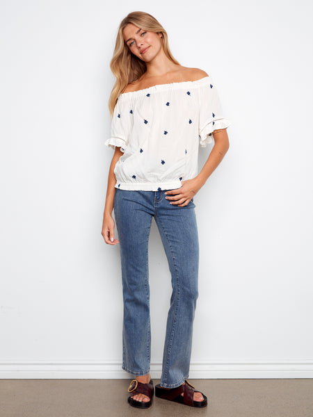 CHARLIE B C4554E EMBROIDERED FABRIC SHORT SLEEVE OFF SHOULDER BLOUSE
