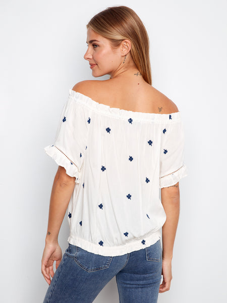CHARLIE B C4554E EMBROIDERED FABRIC SHORT SLEEVE OFF SHOULDER BLOUSE