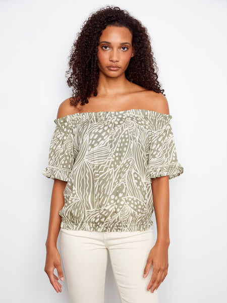 CHARLIE B C4554PR PRINTED SHORT SLEEVE OFF SHOULDER BLOUSE- 3 COLOURS