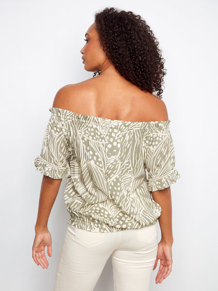 CHARLIE B C4554PR PRINTED SHORT SLEEVE OFF SHOULDER BLOUSE- 3 COLOURS
