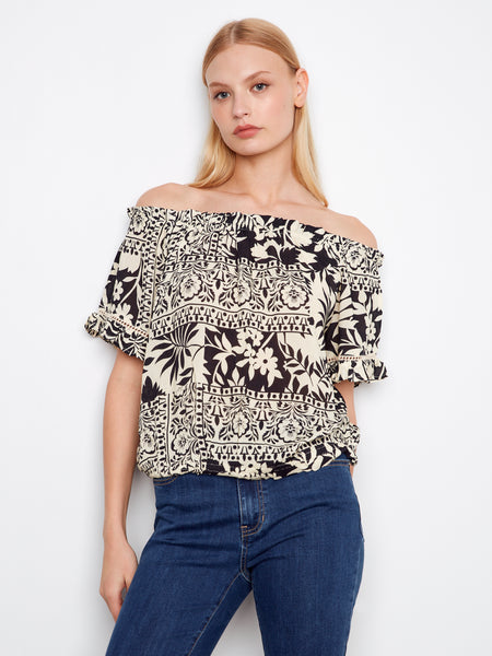 CHARLIE B C4554PR PRINTED SHORT SLEEVE OFF SHOULDER BLOUSE- 3 COLOURS