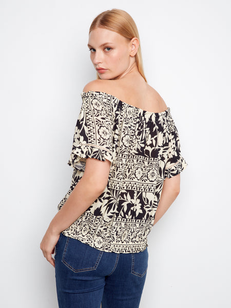 CHARLIE B C4554PR PRINTED SHORT SLEEVE OFF SHOULDER BLOUSE- 3 COLOURS