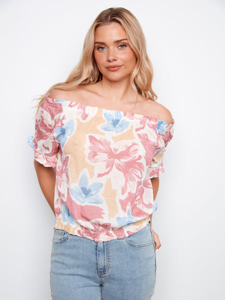 CHARLIE B C4554PR PRINTED SHORT SLEEVE OFF SHOULDER BLOUSE- 3 COLOURS
