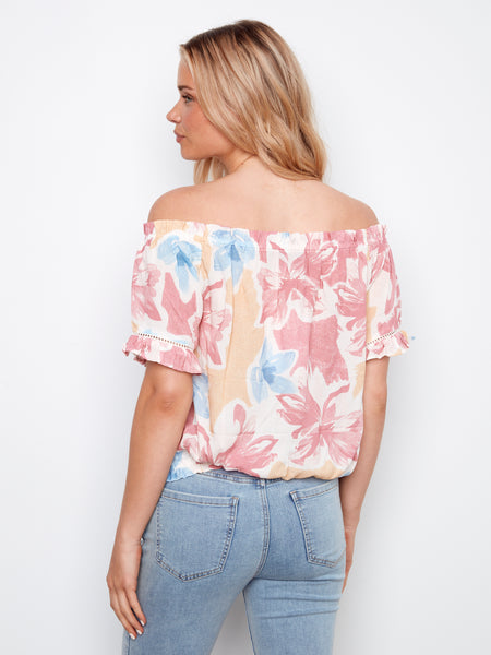 CHARLIE B C4554PR PRINTED SHORT SLEEVE OFF SHOULDER BLOUSE- 3 COLOURS