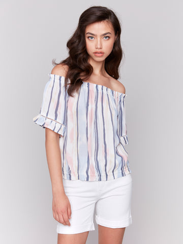 CHARLIE B C4554P PRINTED SHORT SLEEVE PEASNAT BLOUSE