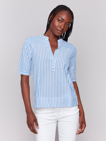 CHARLIE B C4569P STRIPED SHORT SLEEVE POPOVER BLOUSE