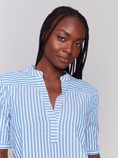 CHARLIE B C4569P STRIPED SHORT SLEEVE POPOVER BLOUSE