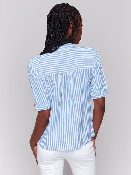 CHARLIE B C4569P STRIPED SHORT SLEEVE POPOVER BLOUSE