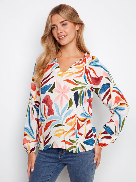 CHARLIE B C4570DR PRINTED RAGLAN LONG SLEEVE POPOVER - 2 COLOURS