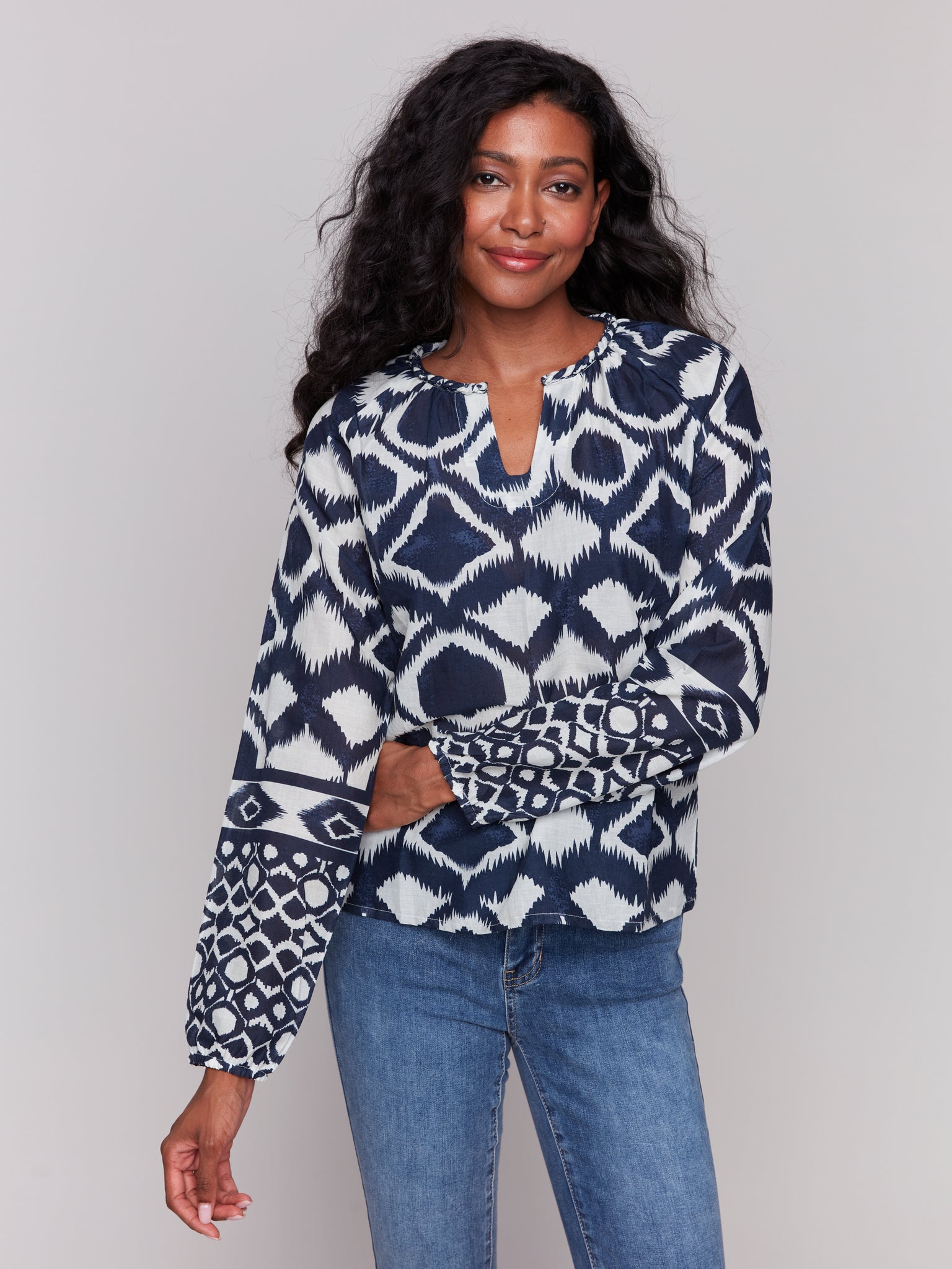 CHARLIE B C4570P PRINTED COTTON LONG SLEEVE POPOVER BLOUSE- 2 COLOURS